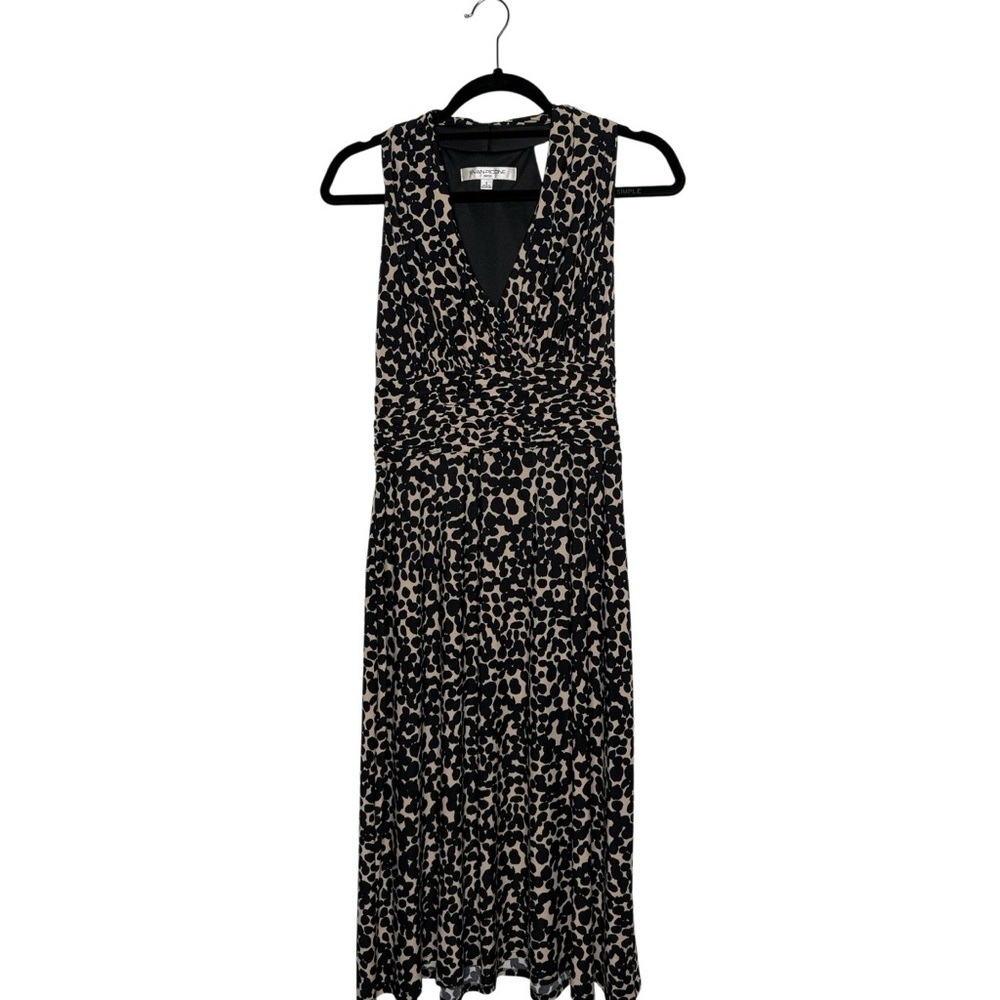 Evan Picone Animal Print Midi Casual, Black/Beige Sleeveless V-Neck Dress Sz 6